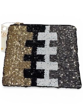 Kaylee New York Seed Bead Pouch, Gold Black White Colorblock Zip Clutch